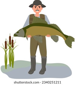 Fisherman in uniform with big fish in hand, flat design, vector. Sports fishing.