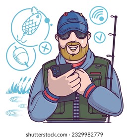 Fisherman in uniform holding smartphone and chooses fish-tackle. Online order of different products for fishing. Flat vector illustration in cartoon style