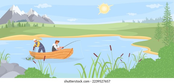 Fisherman using fishing rod and net in boat over summer landscape vector illustration. Male character catching fish. Sport and hobby concept