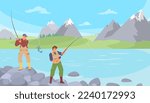 Fisherman using rod catching fish at mountain river bank vector illustration. Fisher man enjoy active lifestyle. Sport hobby and tourism concept