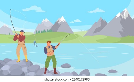 Fisherman using rod catching fish at mountain river bank vector illustration. Fisher man enjoy active lifestyle. Sport hobby and tourism concept
