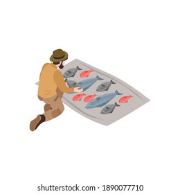 Fisherman and various kinds of caught fish 3d isometric vector illustration