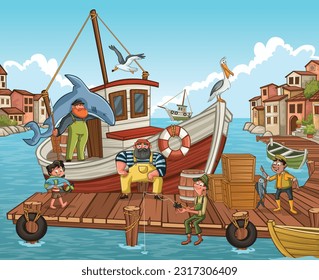 Fisherman village with boats. Wooden pier with boats and people fishing.