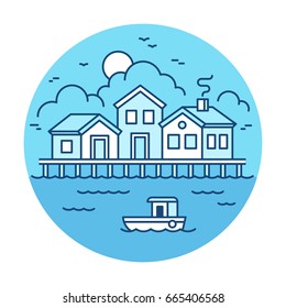 Fisherman village landscape with wooden houses and fishing boat. Simple modern flat line style vector illustration.