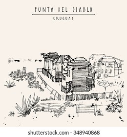 Fisherman village of Punta del Diablo, Uruguay, South America. Colored travel postcard in retro style with an artistic drawing. Engraved style travel sketch. Vector illustration