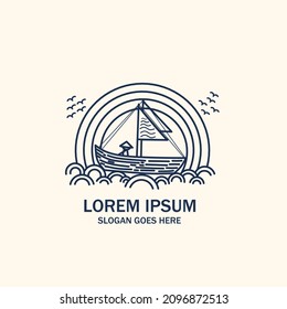 Fisherman vintage logo illustration design, ocean in the evening, morning, beautiful view of the ocean. sea ​​angler.