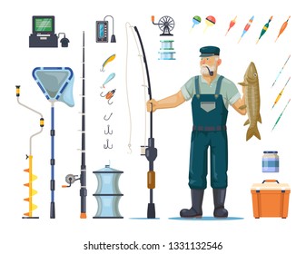 Fisherman in wader with catch or fish. Sport fishing equipment like rod or pole, hook and bobber, depth finder and bucket, winter lake drill, net and bait, tackle and cork. Angler and fishery theme