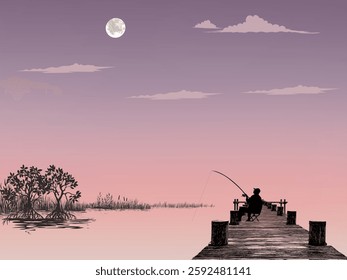 the fisherman waiting for fish while sitting on the bench