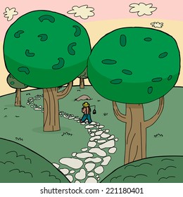 Fisherman walking on stone path through forest