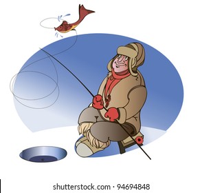 A fisherman in warm clothes caught a fish on a bait on ice fishing