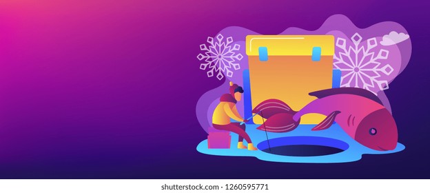 Fisherman in warm clothes with a rod fishing on ice and a huge fish in winter. Ice fishing, ice fishing tools, winter outdoor activities concept. Header or footer banner template with copy space.