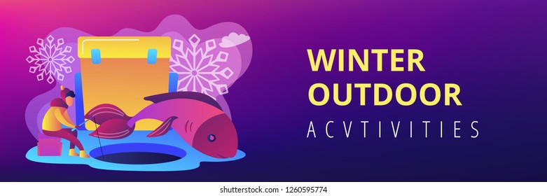 Fisherman in warm clothes with a rod fishing on ice and a huge fish in winter. Ice fishing, ice fishing tools, winter outdoor activities concept. Header or footer banner template with copy space.