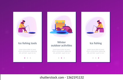 Fisherman in warm clothes with a rod fishing on ice and a huge fish in winter. Ice fishing, ice fishing tools, winter outdoor activities concept. Mobile UI UX GUI template, app interface wireframe