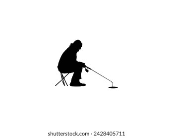 Fisherman in warm clothes sits on winter fishing silhouette.