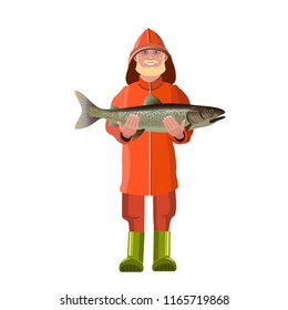 Fisherman in waterproof suit showing big fish. Vector illustration isolated on white background