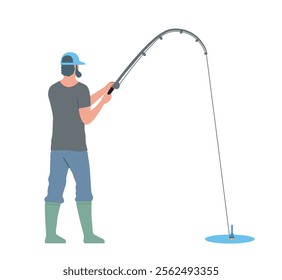 Fisherman wearing boots and a cap, holding a bent fishing rod by the water. Outdoor hobby, fishing activity, and calm nature scene. Flat cartoon vector illustration isolated on white background