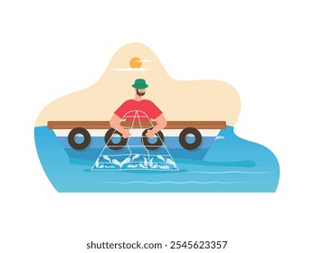 A fisherman wearing a hat is out at sea catching fish on a boat. Character design. Vector flat illustration