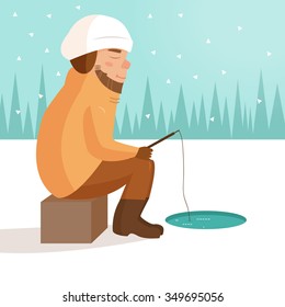 Fisherman. Winter fishing. Vector isolated illustration. Cartoon character. 