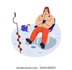 Pescador en invierno. Pesca en hielo en temporada fría. Hombre mayor pescador sentado en la silla en el agujero perforado en el río congelado, lago congelado, captura de peces. Ilustración vectorial plana aislada sobre fondo blanco