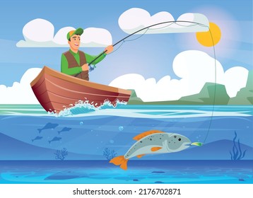 Fisherman in a wooden boat caught a fish on a fishing tackle