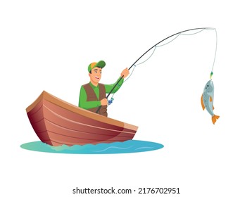 Fisherman in a wooden boat caught a fish on a fishing tackle on white background