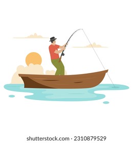 Fisherman in a wooden boat illustration concept. Illustration for website, landing page, mobile app, poster and banner. Trendy flat vector illustration