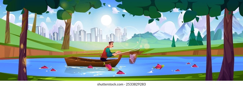 Fisherman in wooden boat on lake surrounded by lush landscape catching fish with net, city skyline and mountains in background. Fish jumping near vessel. Outdoor recreation and active vacation.