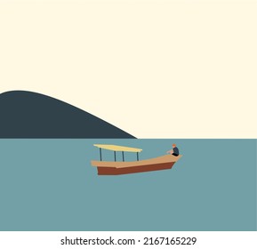 Fisherman in wooden boat on the sea catching fish sport and hobby, vector characters. Ocean or sea nature landscape