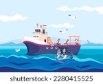 Fisherman work boat. Industry professional fishing, cartoon sailors with fisher net sea ship, commercial fishery marine vessel, fishermen job lake ocean, recent vector illustration of fishing industry