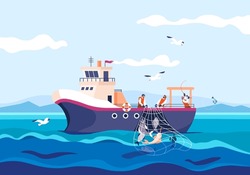 Fisherman Work Boat. Industry Professional Fishing, Cartoon Sailors With Fisher Net Sea Ship, Commercial Fishery Marine Vessel, Fishermen Job Lake Ocean, Recent Vector Illustration Of Fishing Industry