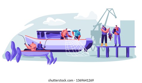 Fisherman Working On Fishery Industry On Large Boat Ship. Fishermen Catching Fish, Pulling Fishing Net From Sea, Giving Catch Haul To Customer, Fishing Industry. Cartoon Flat Vector Illustration