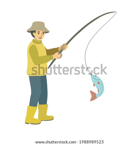 A fisherman in yellow boots and a hat caught a fish with a fishing rod isolated on a white background.