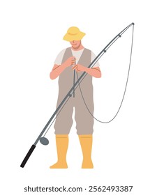 Fisherman in yellow boots and hat preparing a fishing rod. Outdoor activity, fishing hobby, and calm nature setting concept. Flat cartoon vector illustration isolated on white background