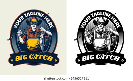 Fisherman with Yellowfin Tuna Fish Badge Logo