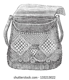 Bolsa de pescadores, utilizada en Pesca de Mosca, ilustración vintage. Le Magasin Pittoresque - 1874