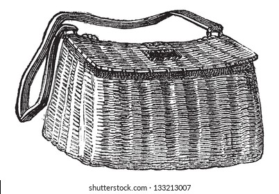 Fisherman's Basket, used in Fly Fishing, vintage engraved illustration. Le Magasin Pittoresque - 1874