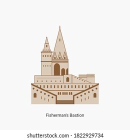 Fisherman's bastion towers in Hungary capital icon. Hungarian tourist destination you have to visit. Best historical landmark located in the Buda Castle. Vector art illustration flat design. svg