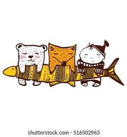 fishermans .Bear ,fox man caught fish.