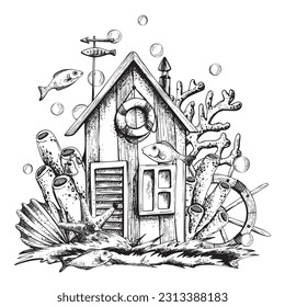 Fisherman's cabin on the grass with a ship's wheel, starfish, shells, corals, bubbles and fish. Illustration hand-drawn in graphics. EPS vector. Isolated composition on a white background.