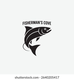 Fisherman's cove logo featuring a jumping fish in black and white with simple design