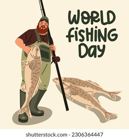 Fisherman's Day. A cheerful cartoon man with a fishing rod shows off his catch. Fishing as a vacation. Banner with a man, a fishing rod and a fish. Printing on paper and textiles. Greeting card