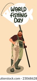 Fisherman's Day. A cheerful cartoon man with a fishing rod shows off his catch. Fishing as a vacation. Banner with a man, a fishing rod and a fish. Printing on paper and textiles. Inscription