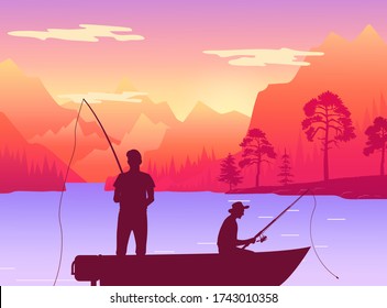 Fishermans in fishing boat. Silhouette of two men sitting in pleasure boat who fish on the lake. Persons holding fishing rods in their hands on the background of reservoir at the foot of the mountain