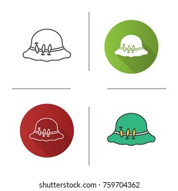 Fisherman's hat with hooks icon. Flat design, linear and color styles. Fishing equipment. Isolated vector illustrations