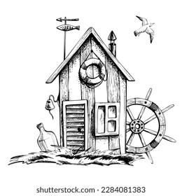 Fisherman's house on the grass with a ship's wheel, a bottle of rum and a seagull, isolated composition on a white background hand drawn in graphic style. Eps vector illustration. For prints, posters