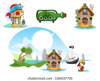 Fisherman's house, a ship in a bottle and a pirate hut. Set of vector illustrations isolated on white background for pirate party, mobile games and much more.