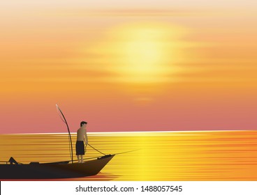 Fisherman's men keep the boat docked Abstaining from finding fish at dusk, the sun is falling The golden light of the beautiful sky.