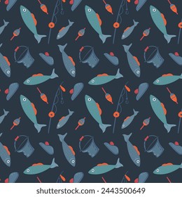 Fisherman's pattern with fishing elements. Seamless pattern with fish, fishing rod, float, beret and fishing bucket. Pattern for fabric, baby clothes, background, textile, wrapping paper. Vector image