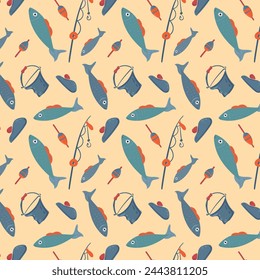 Fisherman's pattern with fishing elements. Seamless pattern with fish, fishing rod, float, beret and fishing bucket. Pattern for fabric, baby clothes, background, textile, wrapping paper. Vector image