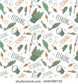 Fisherman's pattern with fishing elements. Seamless pattern with fish, fishing rod, float, beret and fishing bucket. Pattern for fabric, baby clothes, background, textile, wrapping paper. Vector image